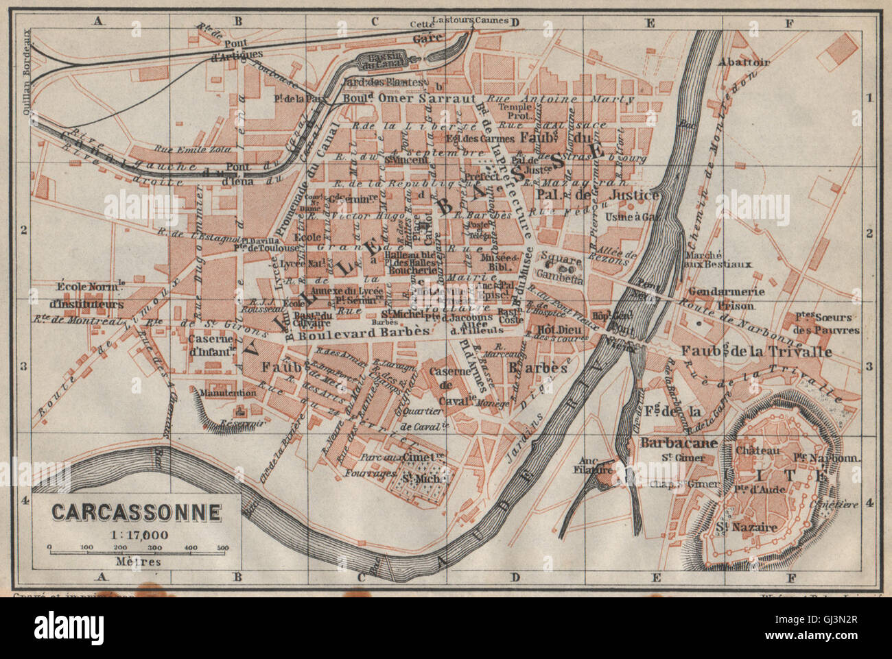 CARCASSONNE town city plan de la ville. Aude. Ville Basse & Cité carte, 1914  map Stock Photo - Alamy