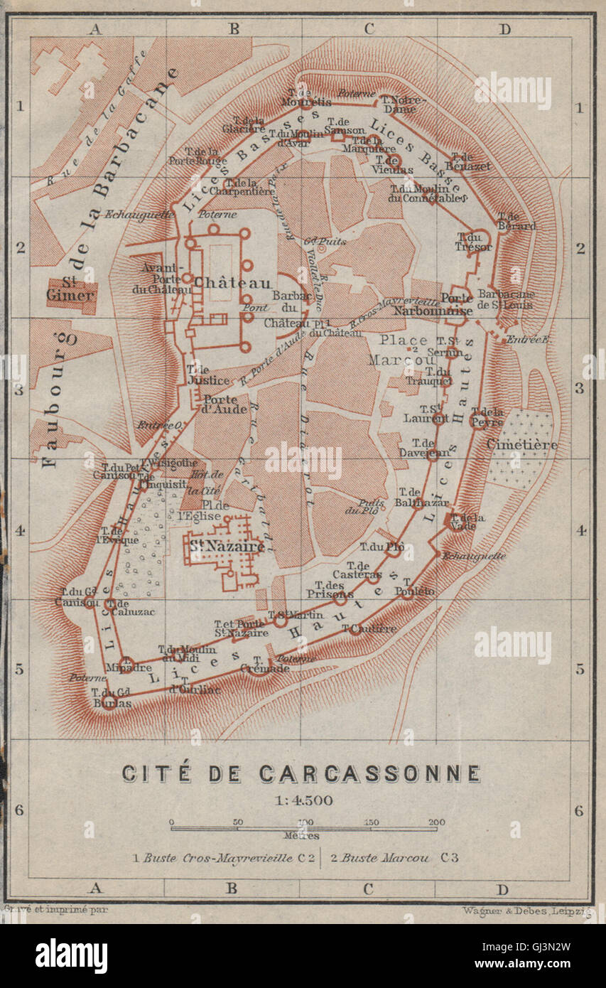 CITÉ DE CARCASSONNE antique town city plan de la ville. Aude carte, 1914 map Stock Photo