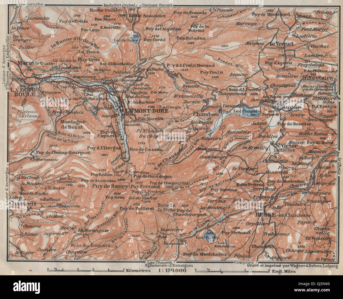 LE MONT-DORE. Auvergne La Bourboule Sancy Besse Chambon. Puy-de-Dôme, 1914 map Stock Photo