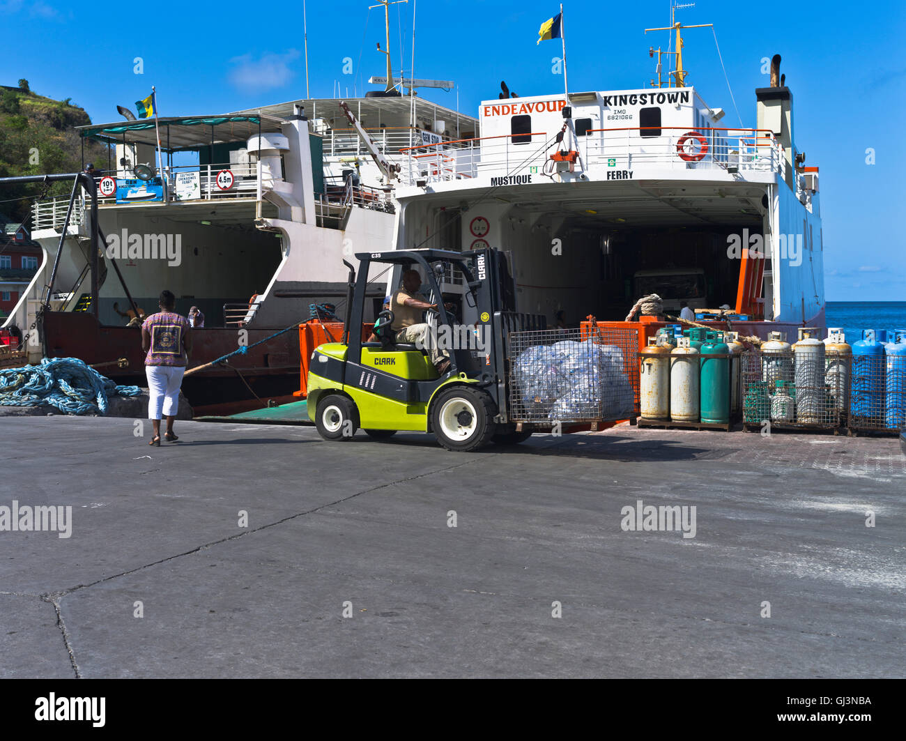 dh Kingstown ST VINCENT CARIBBEAN Inter island ferry terminal loading two ferries cargo forklift truck boat Stock Photo