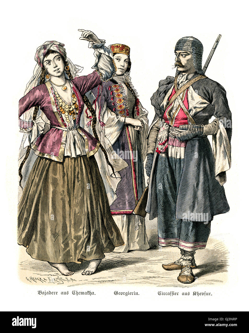 Costumes of the Caucasus, 19th Century. Bajadere of Chemakha, Georgierin, Circassier of Khevsur Stock Photo