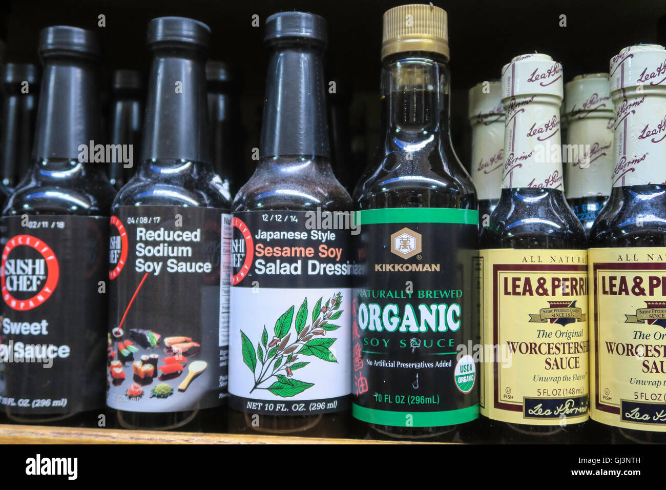 Bottles of Assorted Sauces,Essex Street Market, NYC Stock Photo