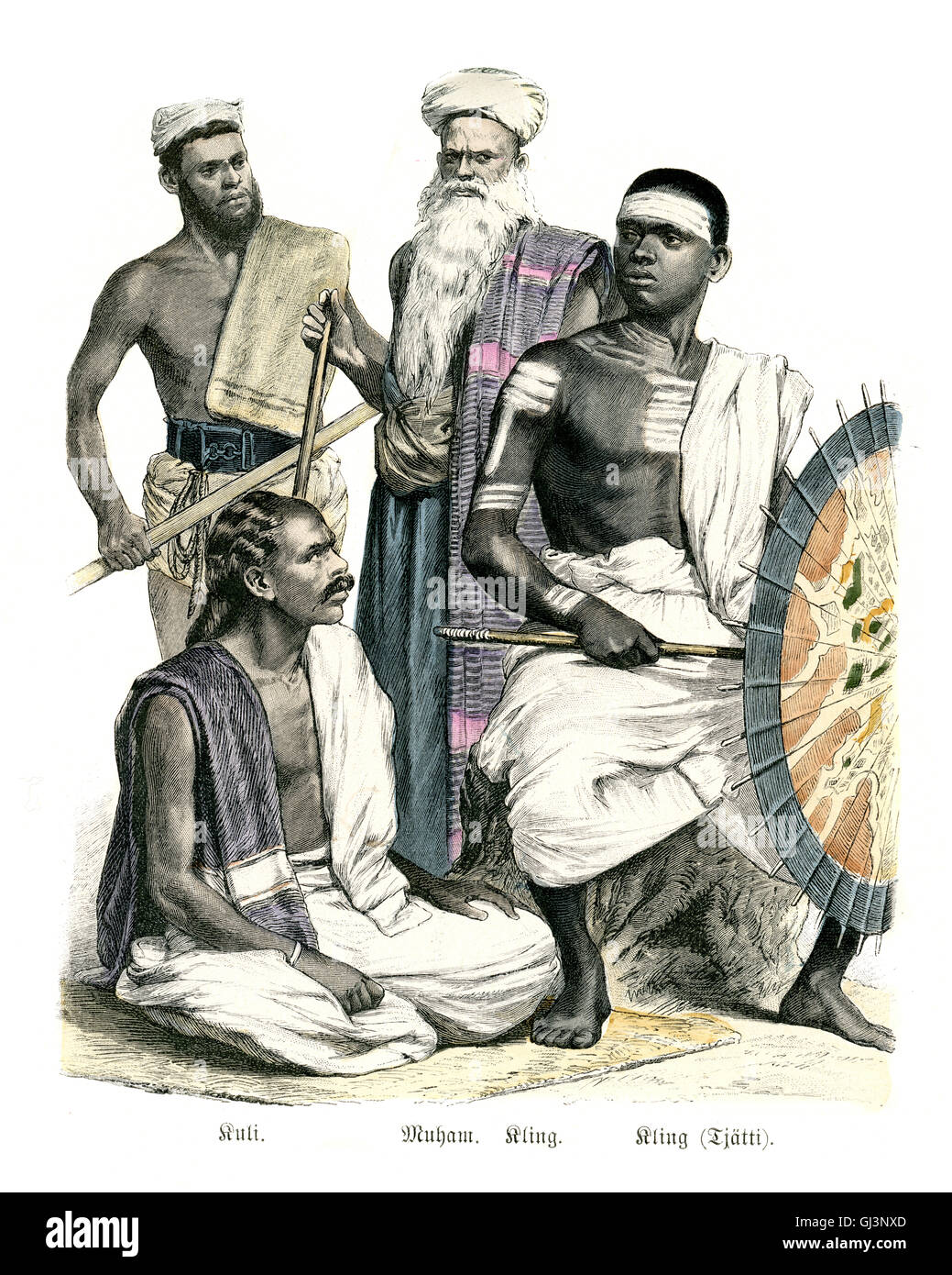Costumes of East India, 19th Century. Coolie, Muhammedian Kling, Keling of Tjatti Stock Photo