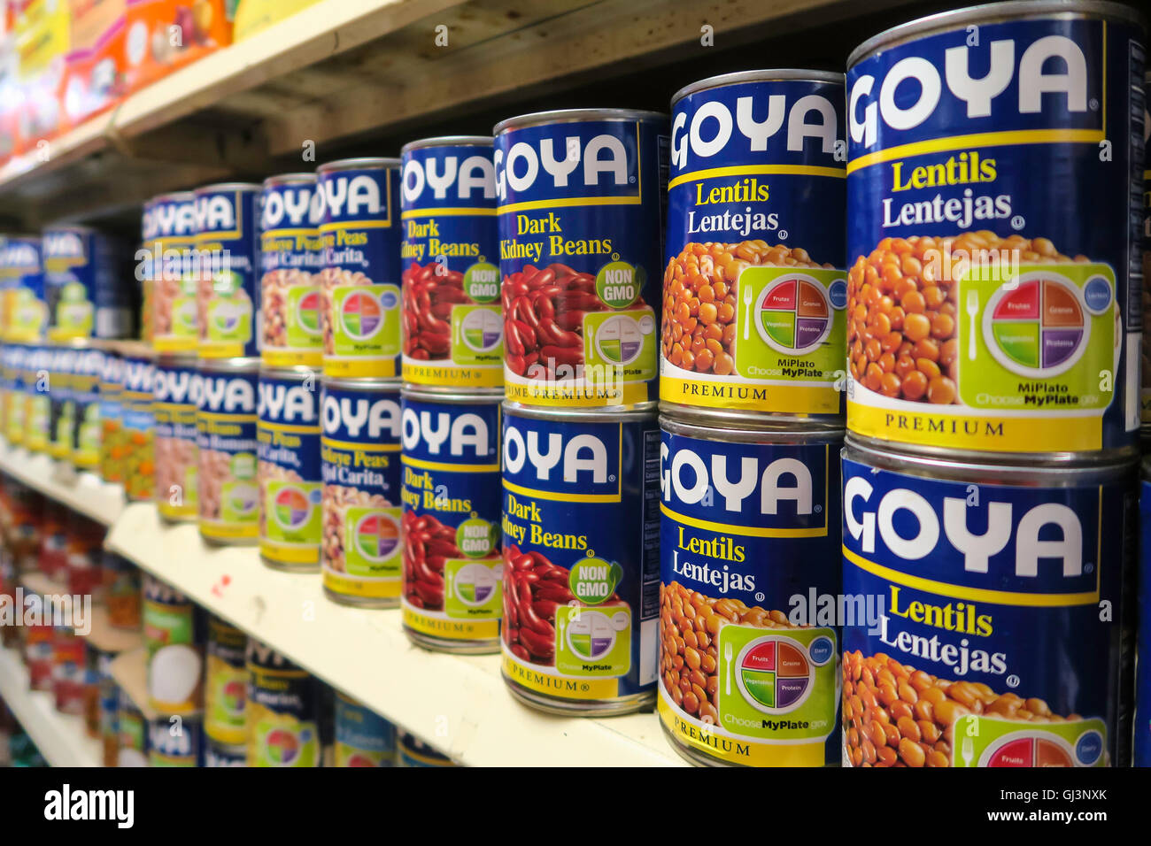 Cans of Goya Brand Lentils and Beans, Essex Street Market, NYC Stock
