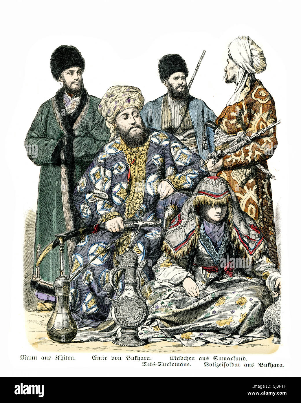 Fashions of Central Asia, 19th Century. Man of Khiwa, Emir of Bukhara, Uzbekistan, Girl of Samarkand, Soldier of Bukhara Stock Photo