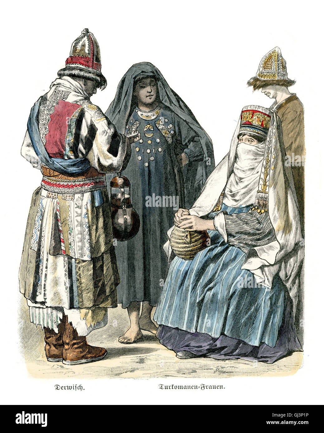 Fashions of Central Asia, 19th Century. Dervish, Turkoman (Turkmen) women, Turkmenistan Stock Photo