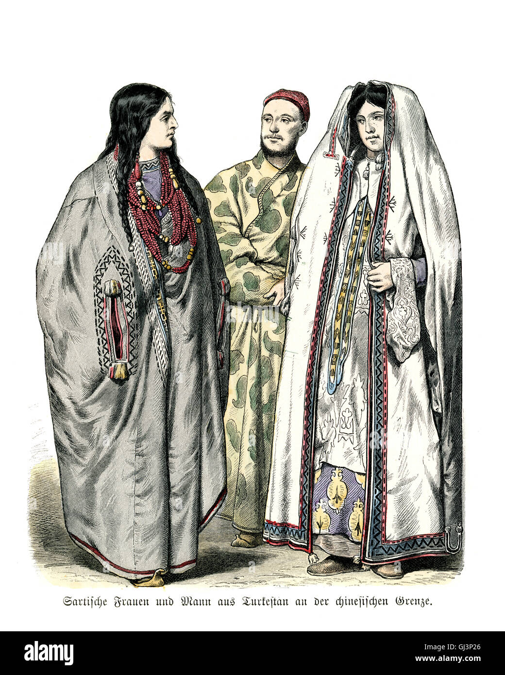 Fashions of Central Asia, 19th Century. Sartish women and man of Turkmenistan Stock Photo