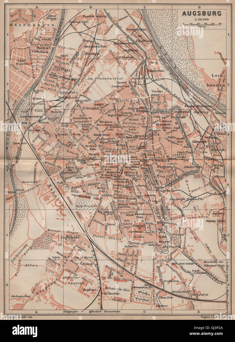 AUGSBURG antique town city stadtplan. Bavaria karte. BAEDEKER, 1902 old