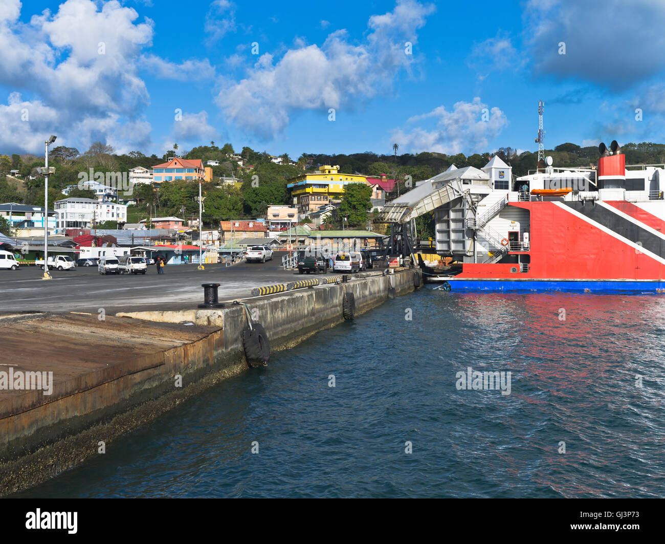 dh Scarborough TOBAGO CARIBBEAN Loading cars onto Inter island catamaran ferry harbour pier local ferries Stock Photo