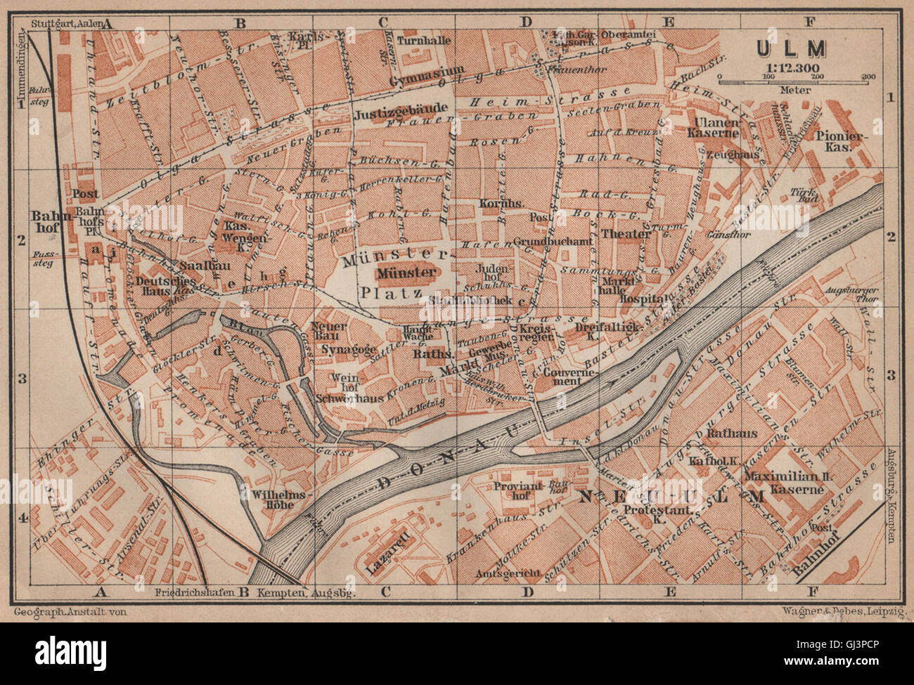 ULM antique town city stadtplan. Baden-Württemberg karte. BAEDEKER, 1907 map Stock Photo - Alamy