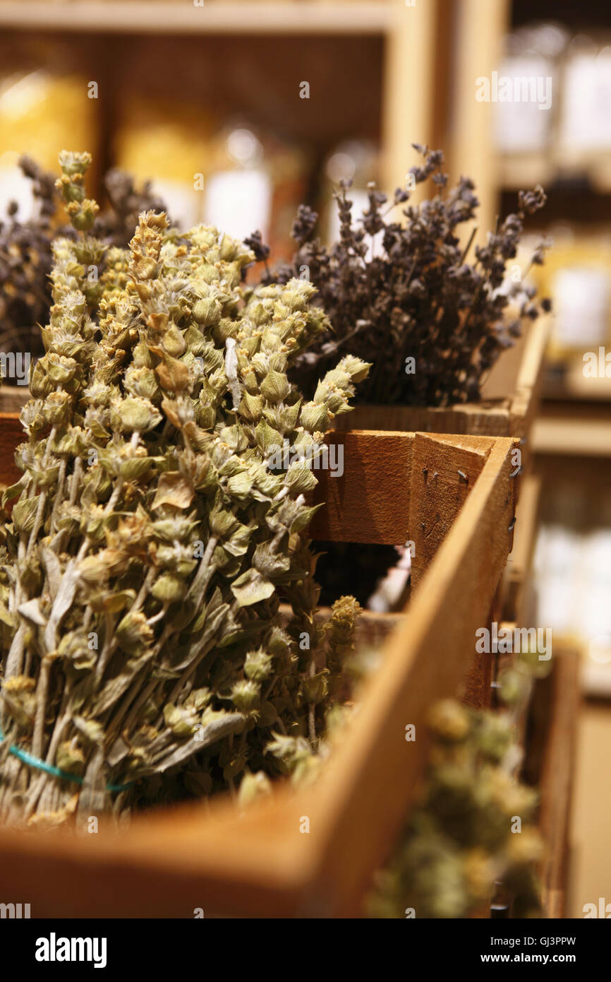 Dried herbs. Ergon restaurant and delicatessen, Thessaloniki, Greece Stock Photo