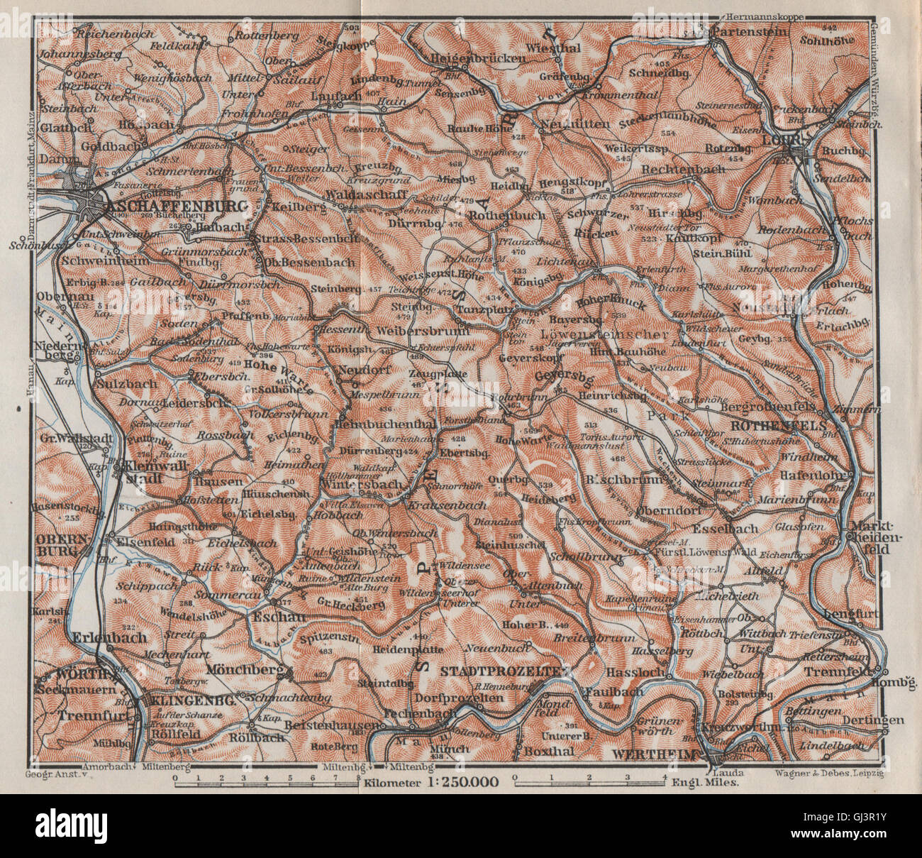 SPESSART topo-map. Aschaffenburg Lohr am Main Zertheim Geiersberg, 1910 Stock Photo