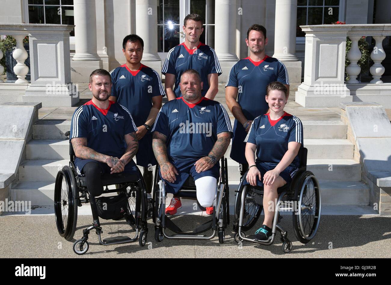 (Clockwise from top left) Help for Heroes Military Athletes Vinod Budhathoki, Steven Crowley, Steve Arnold, Stuart Robinson, Steve Gill and Nikki Paterson, who have been chosen for the British Paralympic Association's Paralympic Inspiration Programme for the Rio 2016 Paralympic games, pose for a photograph in the grounds of Tedworth House in Wiltshire. Stock Photo