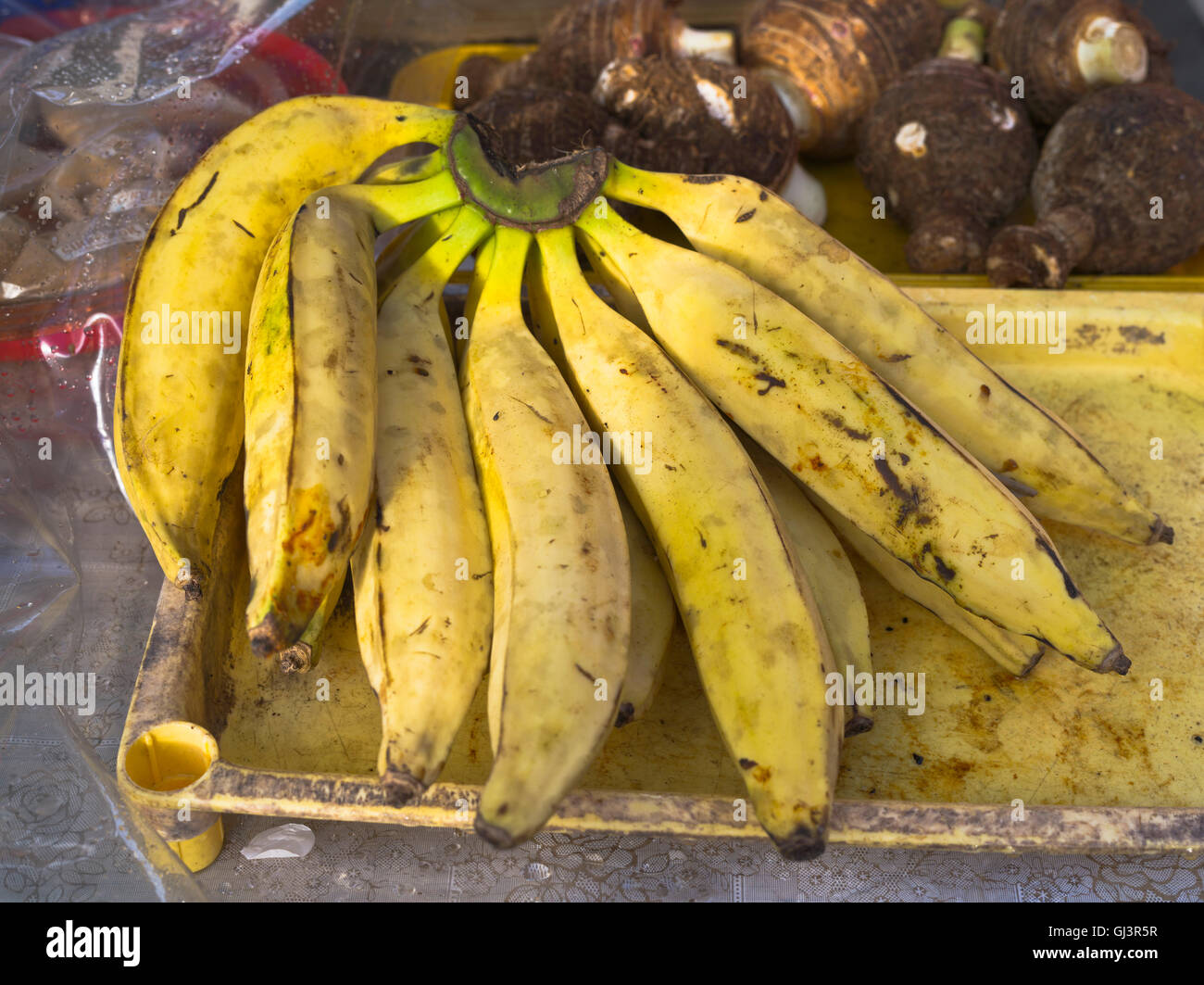 dh St George GRENADA CARIBBEAN Fruit market stall bunch of plantain bananas ripe banana Stock Photo