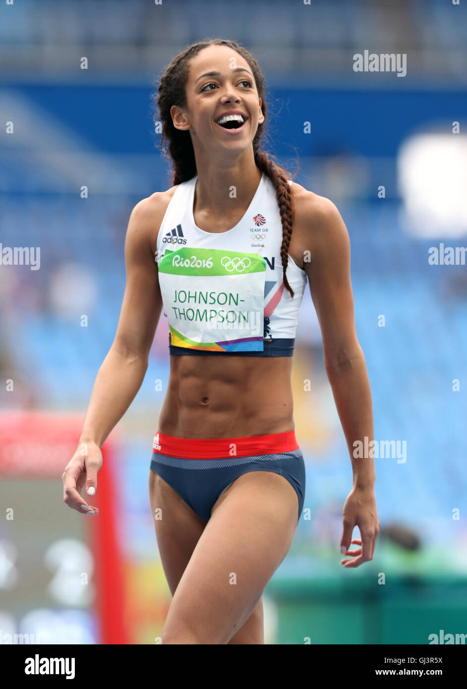 Great Britain S Katarina Johnson Thompson Is All Smiles Following A Successful Clearance During The Women S Heptathon High Jump Event On The Seventh Day Of The Rio Olympics Games Brazil Stock Photo Alamy