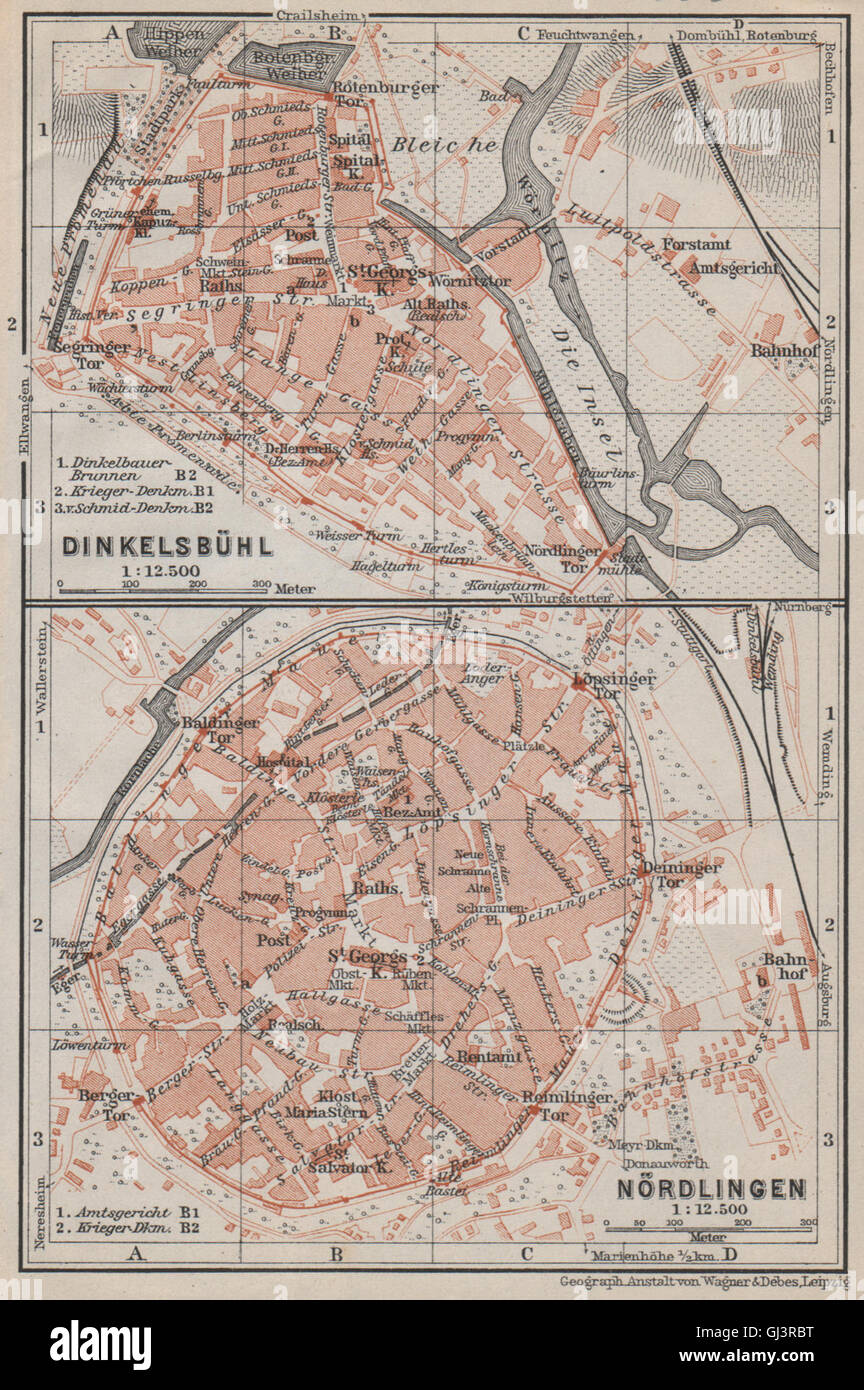 DINKELSBÜHL & NÖRDLINGEN antique town city stadtplan. Bavaria karte ...