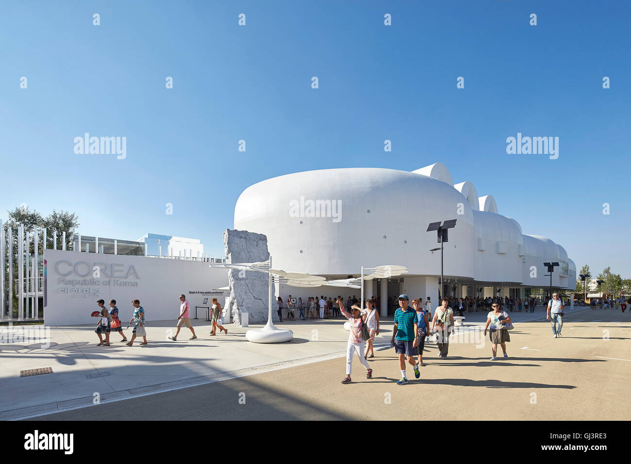 Pavilion entrance with context. Milan EXPO 2015, Korea Pavilion, Milan, Italy. Architect: BCHO Architects, 2015. Stock Photo