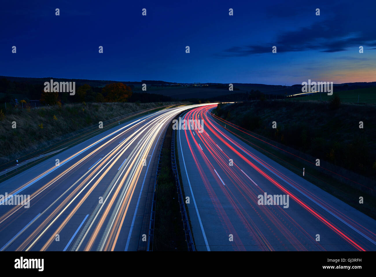 Germany, Thuringia, close Saalburg, tracer on the freeway A9 at night Stock Photo