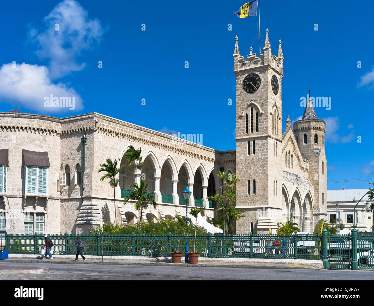 dh Bridgetown BARBADOS CARIBBEAN Parliament building clock Barbado flag tower architecture Stock Photo