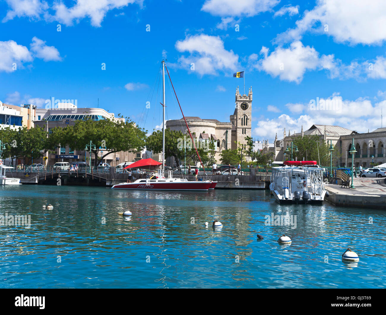dh Bridgetown BARBADOS CARIBBEAN Careenage anchorage yacht boats harbour Parliament building Stock Photo