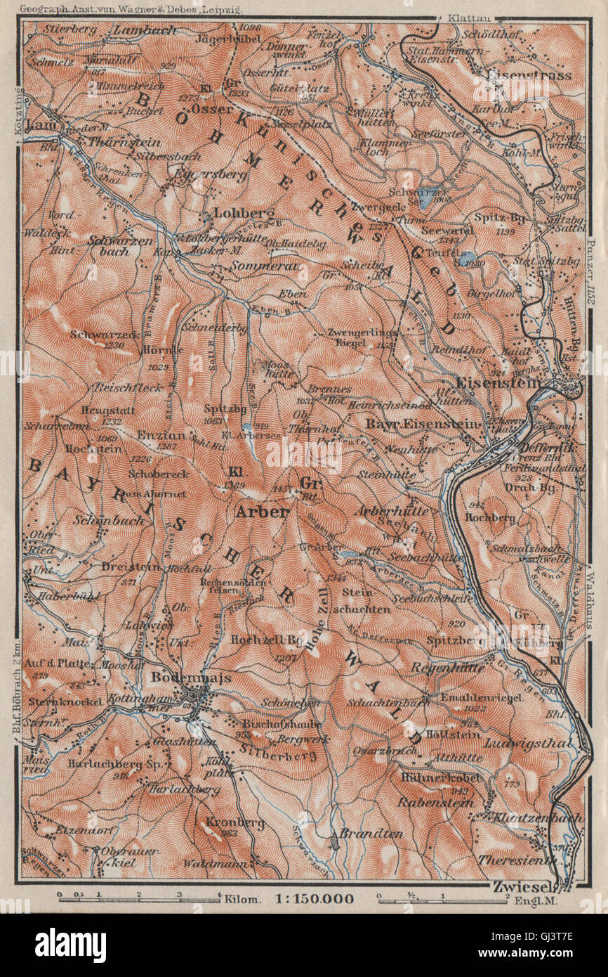 BAVARIAN/BOHEMIAN FOREST Bayrischer/Böhmerwald. Bodenmais Zelezna Ruda, 1910 map Stock Photo