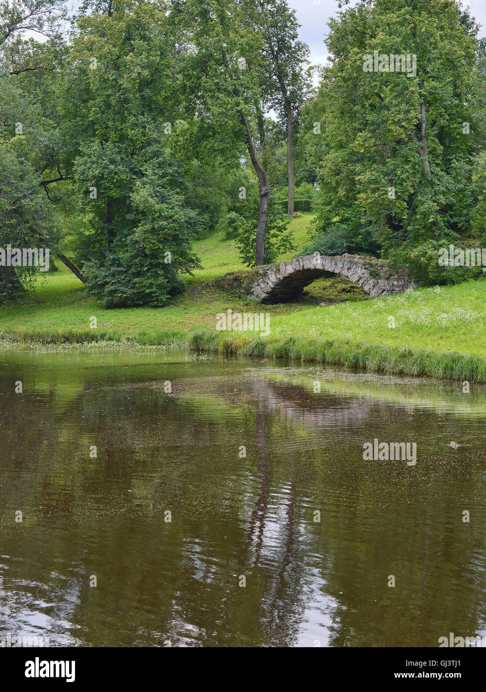 Stone bridge at the pond in a suburban park in the summer. Stock Photo