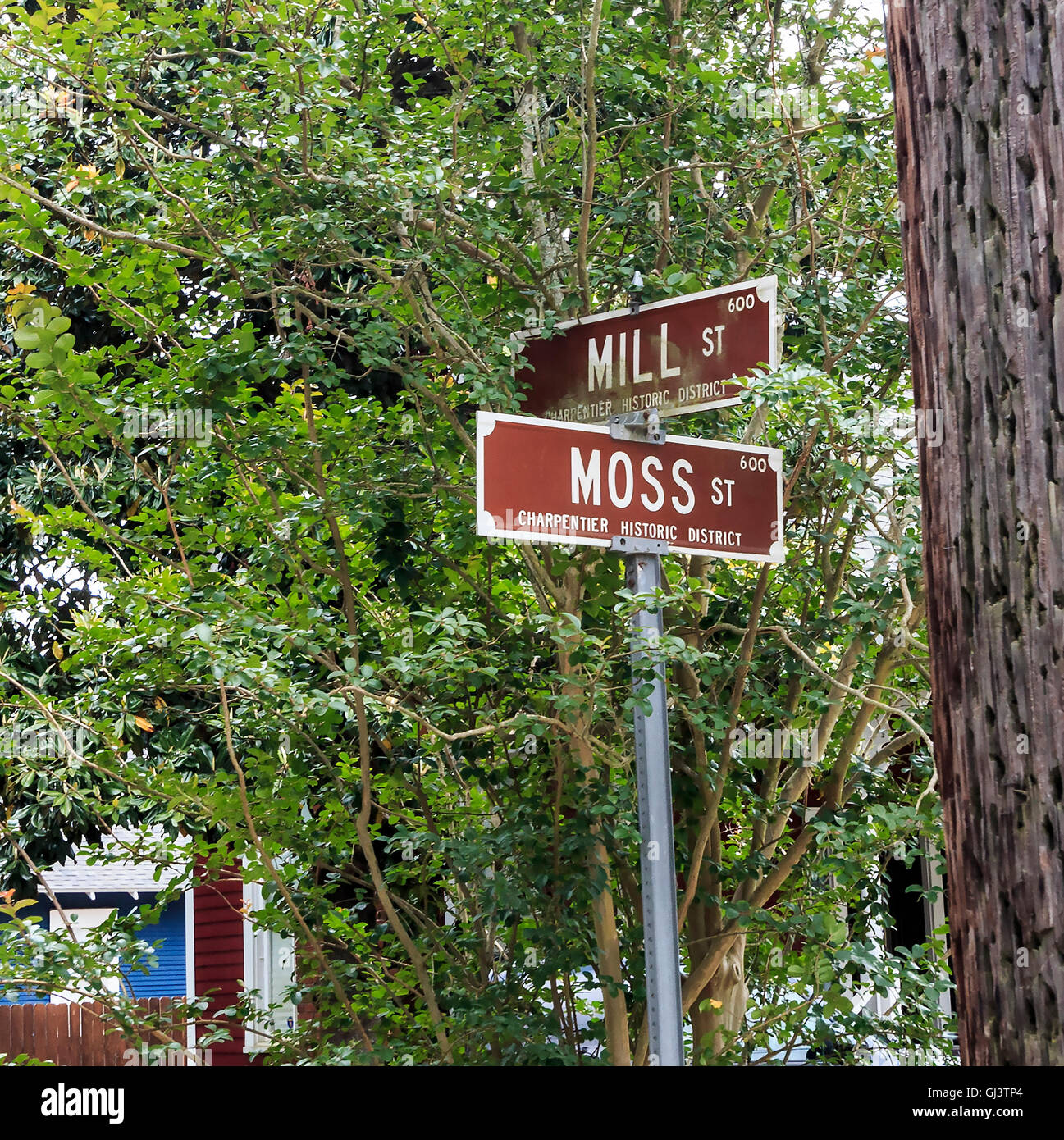 Street signs in the Lake Charles downtown historic district are brown to distinguish them from the usual green street signs Stock Photo