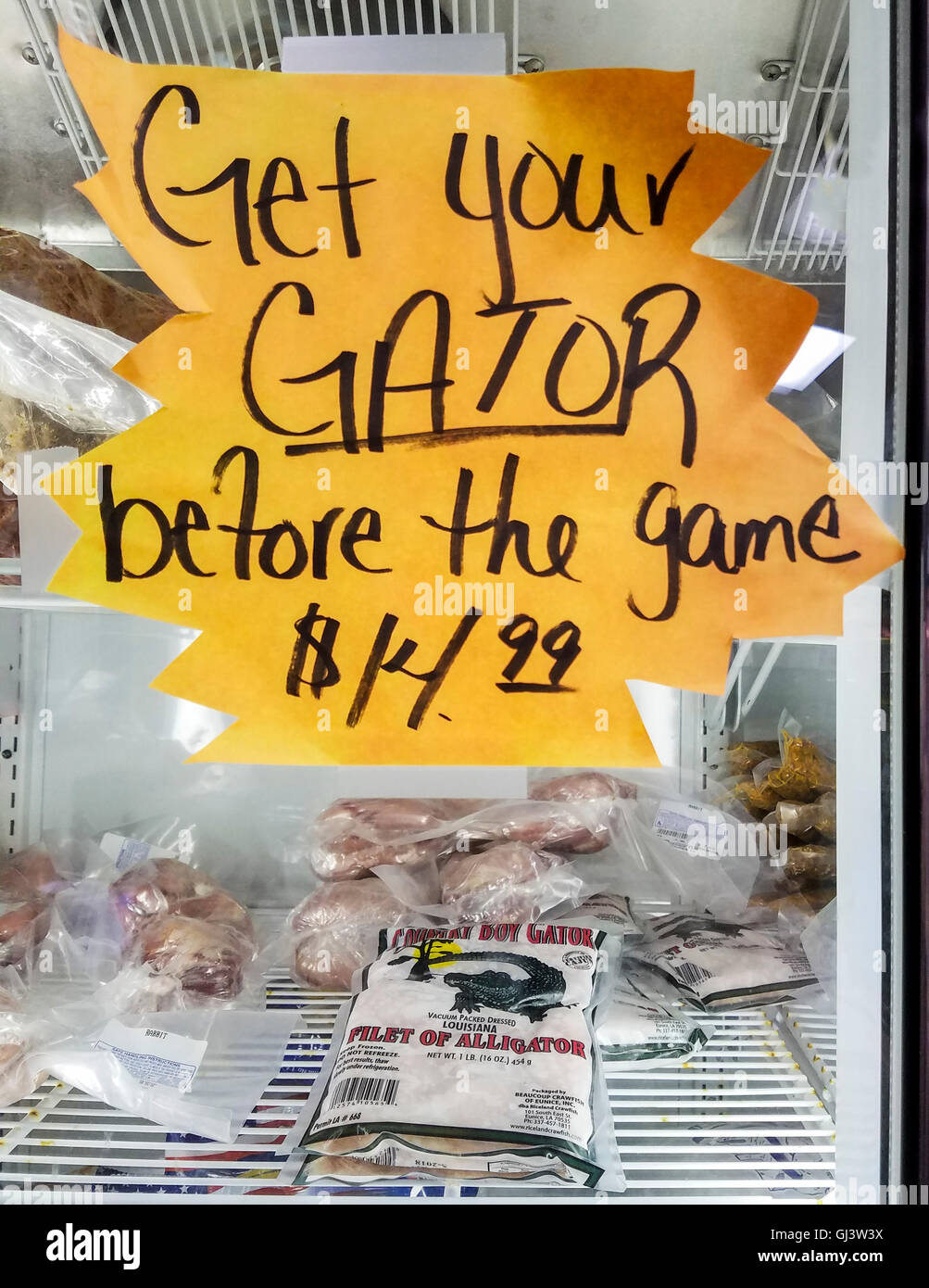 Gator for sale at Le Bleu's Landing. SW Louisiana Boudin Trail with more than two dozen shops and cafes Stock Photo