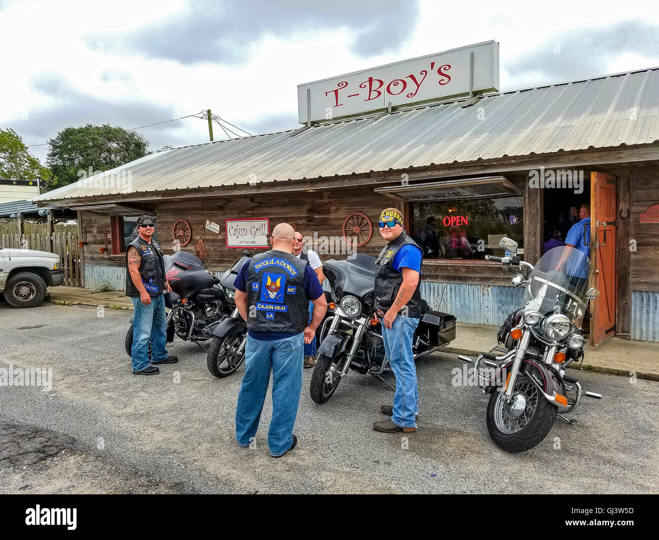 Motorcycle bikers outside T-Boys, a Cajun grill in SW Louisiana. Stock Photo