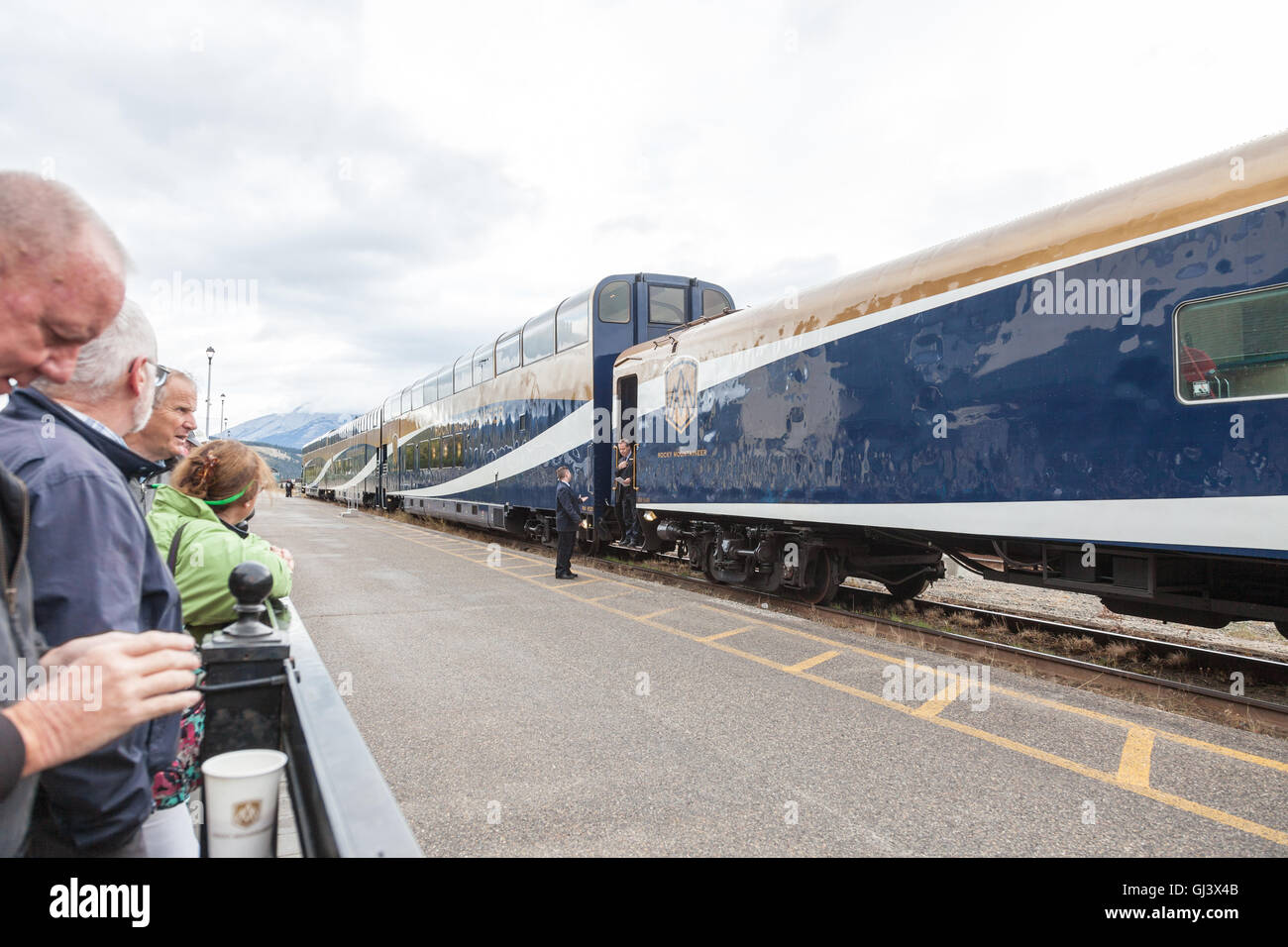 Passengers waiting to board the Rocky Mountaineer train at Jasper