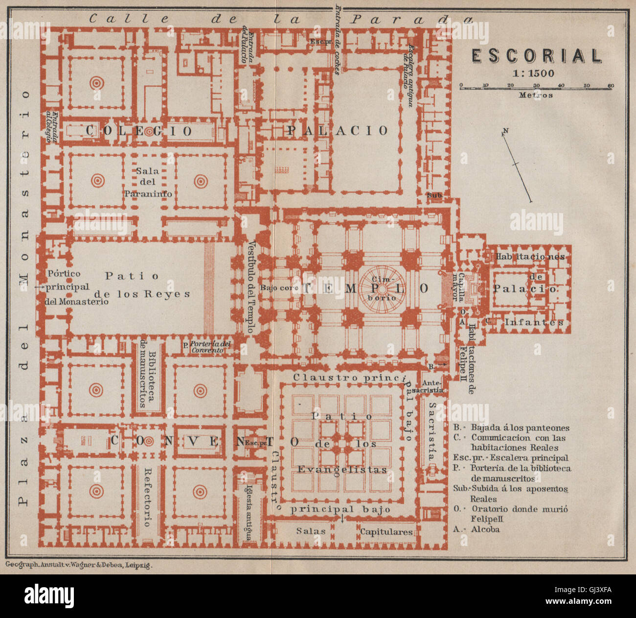 EL ESCORIAL floor plan. Spain España mapa. BAEDEKER, 1913 Stock Photo