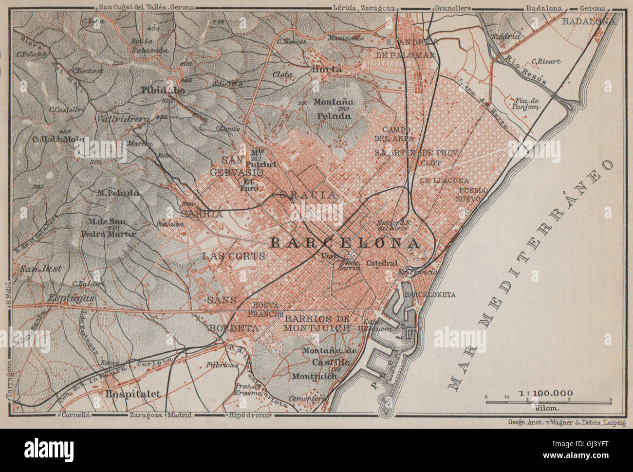 BARCELONA city plan & environs. Spain España mapa. BAEDEKER, 1913 Stock Photo