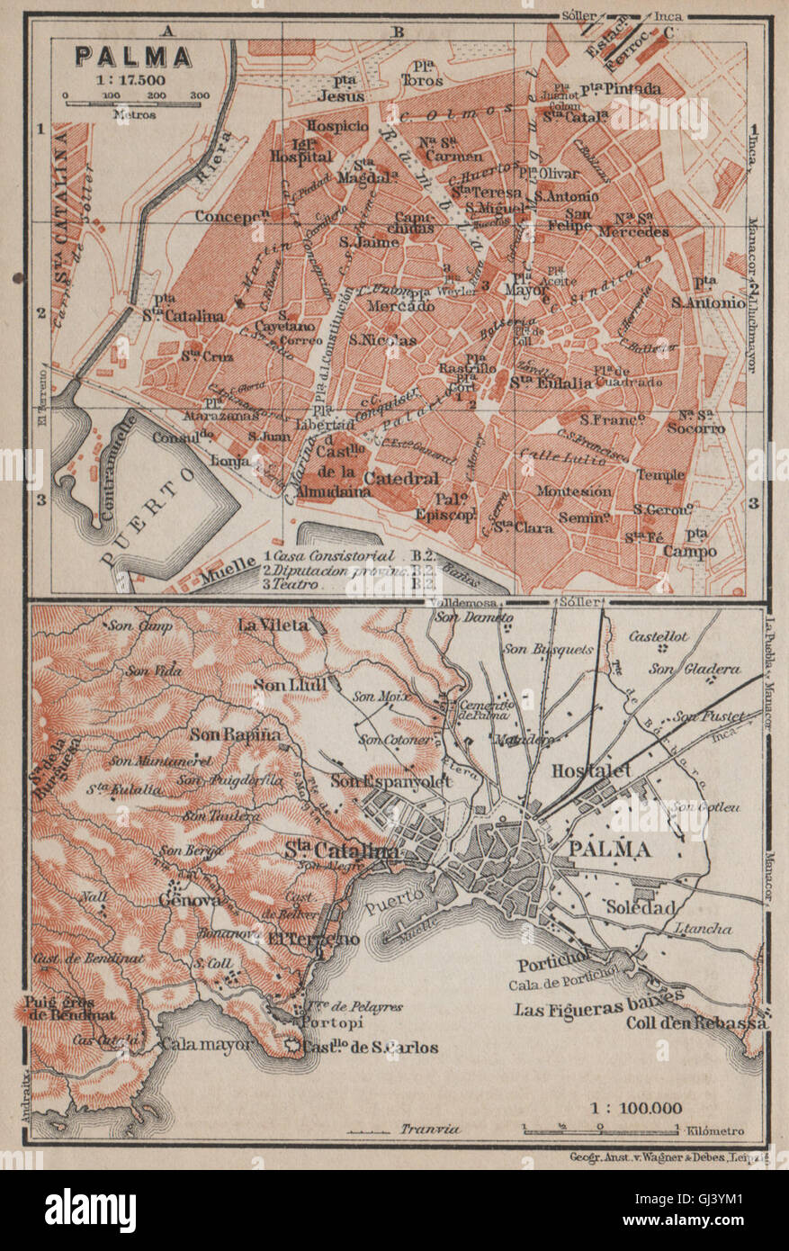 PALMA DE MALLORCA town city plan & environs. Majorca. Spain España, 1913 map Stock Photo