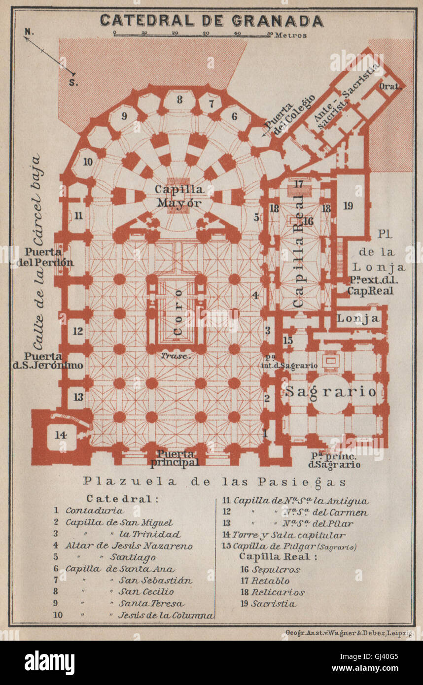 CATHEDRAL OF / CATEDRAL DE GRANADA floor plan. Spain España mapa, 1913 Stock Photo