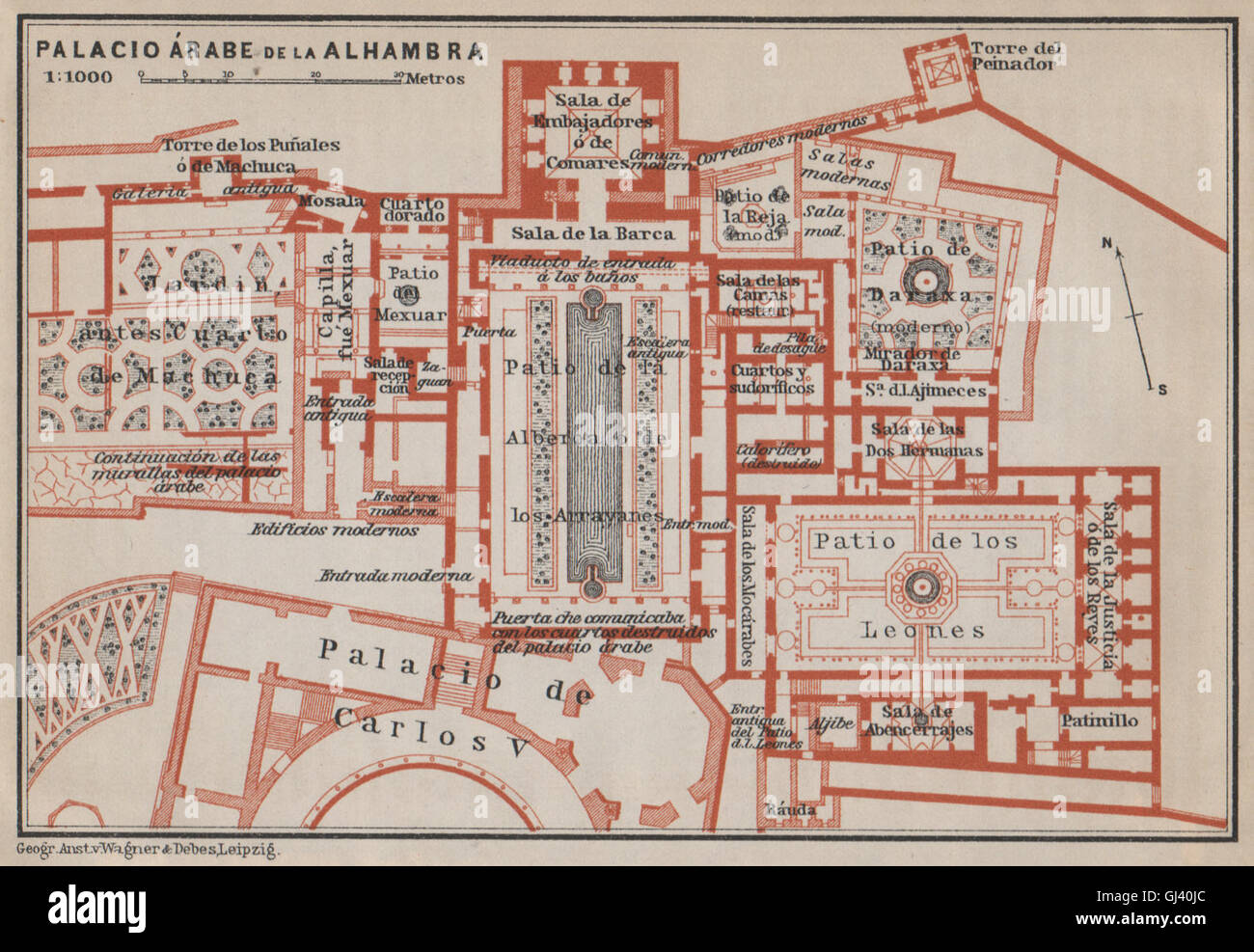 PALACIO ARABE DE LA ALHAMBRA floor plan. Granada. Spain España mapa, 1913 Stock Photo