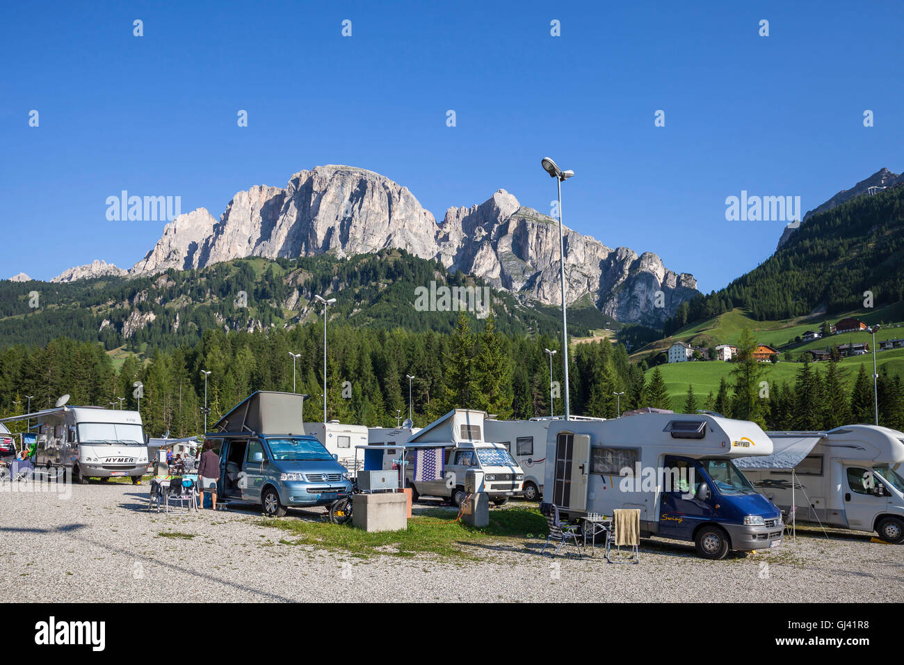 Camping Colfosco between Kolfuschg and Corvara, Sas Ciampac behind,  Dolomites, South Tyrol, Italy, Europe Stock Photo - Alamy