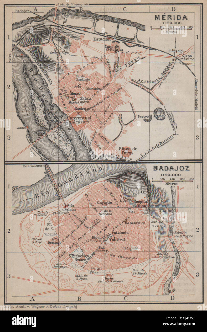 MERIDA MÉRIDA & BADAJOZ town city ciudad plan. Spain España mapa, 1913 Stock Photo