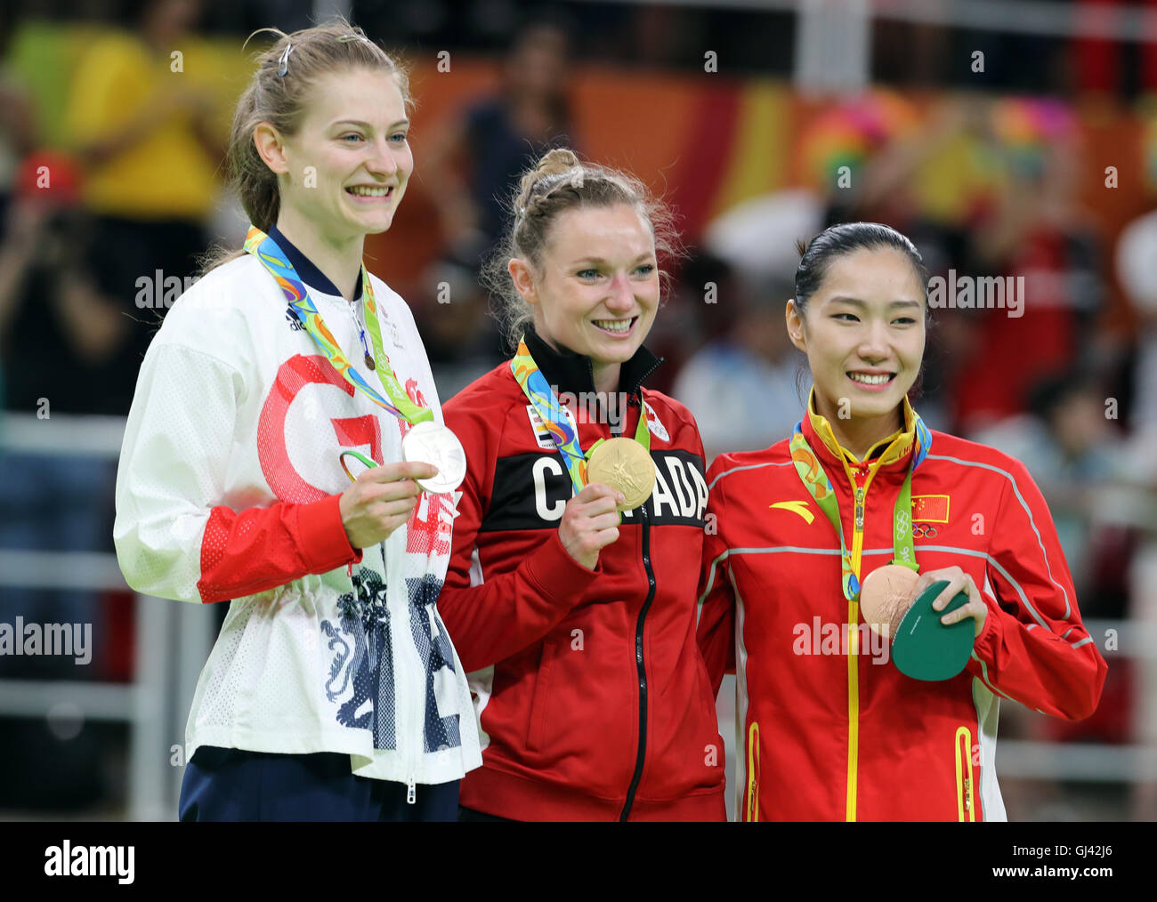 Great Britain S Bryony Page Left Has Won A Silver Medal In The Women S Trampoline On The Seventh Day Of The Rio Olympics Games Brazil Stock Photo Alamy