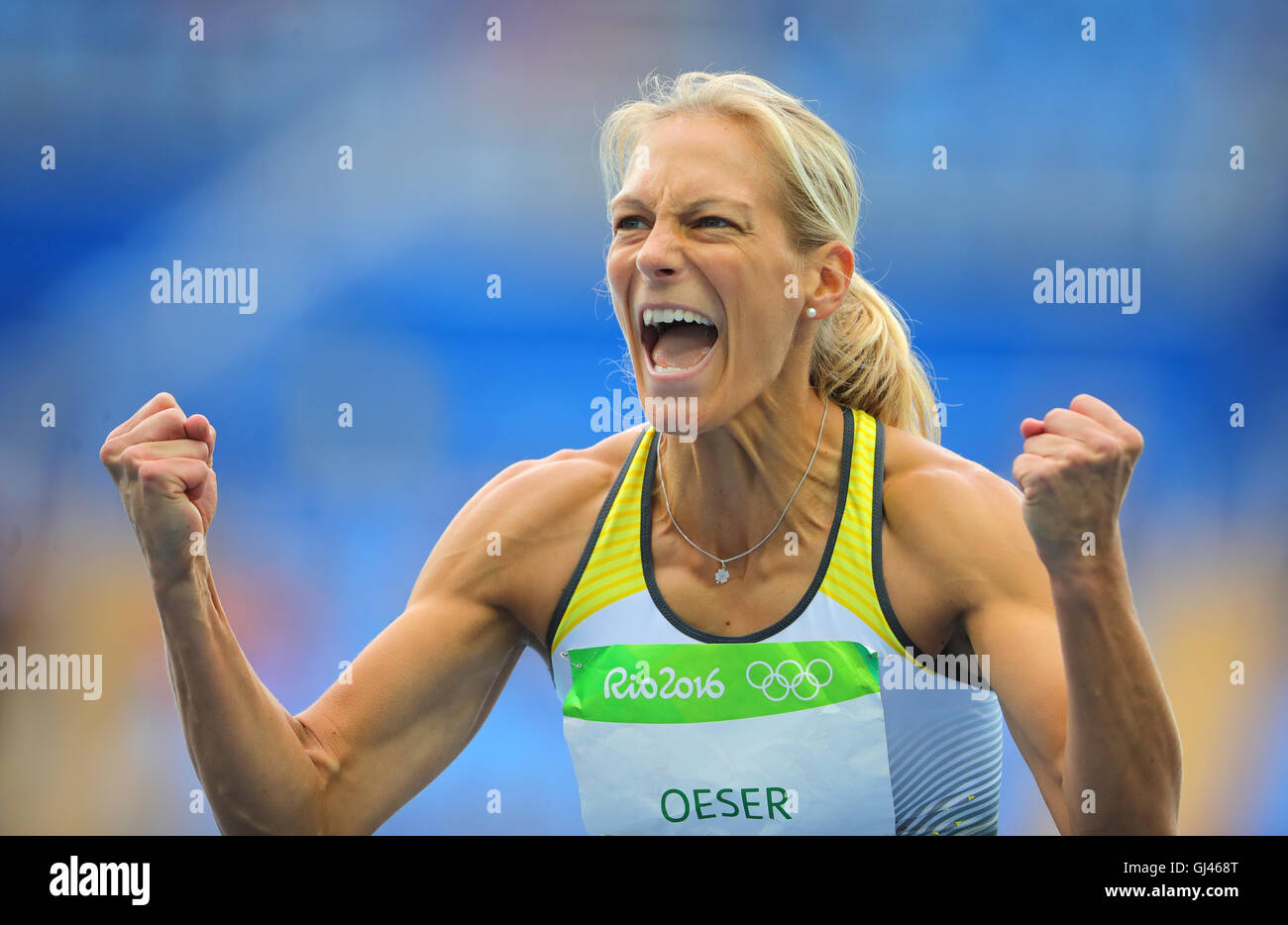 Rio de Janeiro, Brazil. 12th Aug, 2016. Jennifer Oeser of Germany competes in High Jump of Women's Heptathlon of the Athletic, Track and Field events during the Rio 2016 Olympic Games at Olympic Stadium in Rio de Janeiro, Brazil, 12 August 2016. Photo: Michael Kappeler/dpa/Alamy Live News Stock Photo