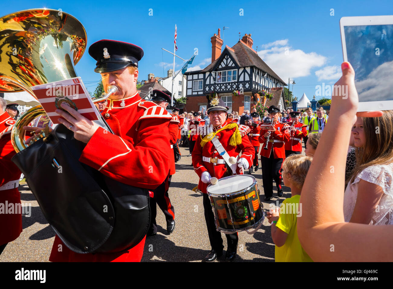 Yorkshire Volunteers Band marching through the Quarry at Shrewsbury