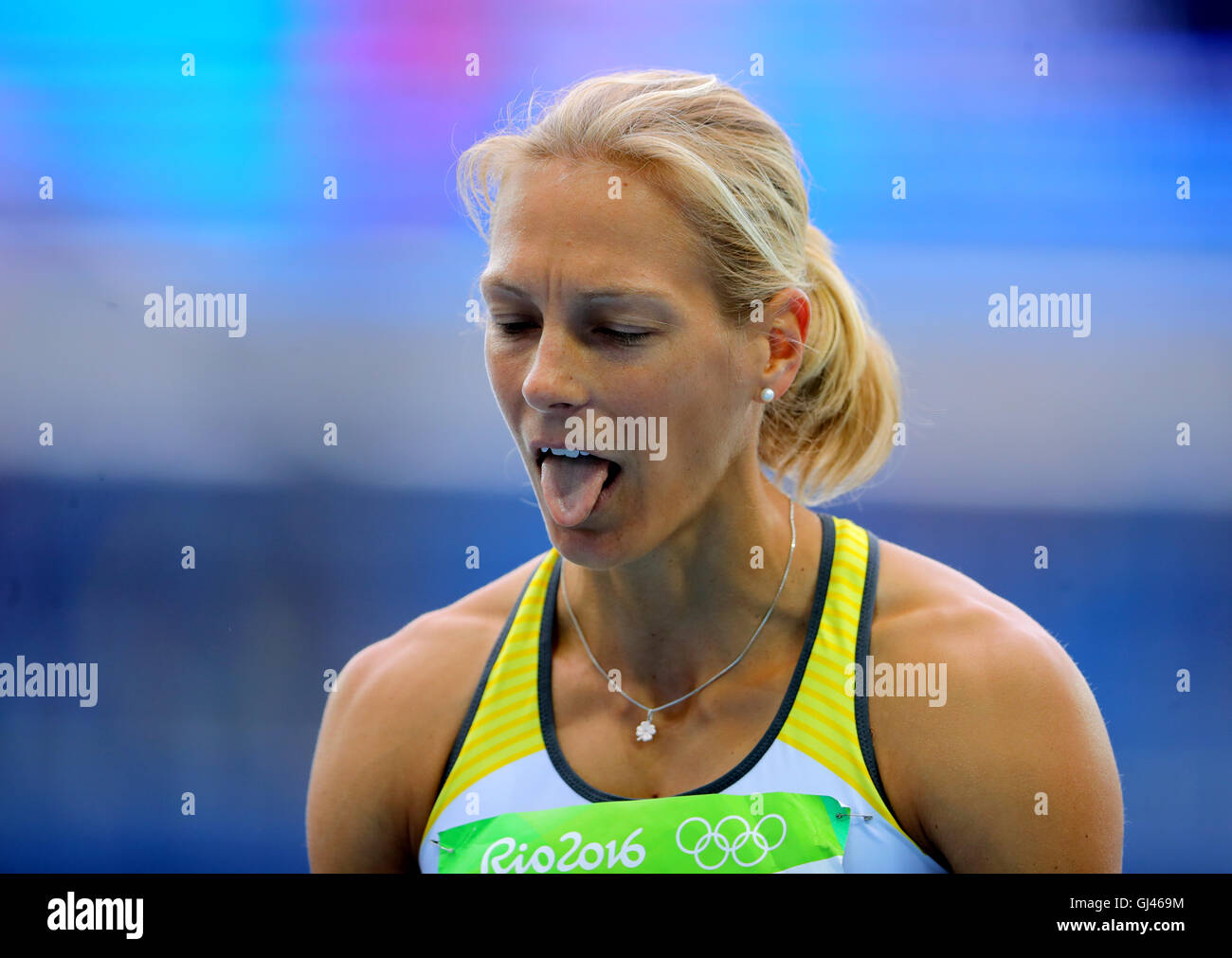 Rio de Janeiro, Brazil. 12th Aug, 2016. Jennifer Oeser of Germany competes in High Jump of Women's Heptathlon of the Athletic, Track and Field events during the Rio 2016 Olympic Games at Olympic Stadium in Rio de Janeiro, Brazil, 12 August 2016. Photo: Michael Kappeler/dpa/Alamy Live News Stock Photo