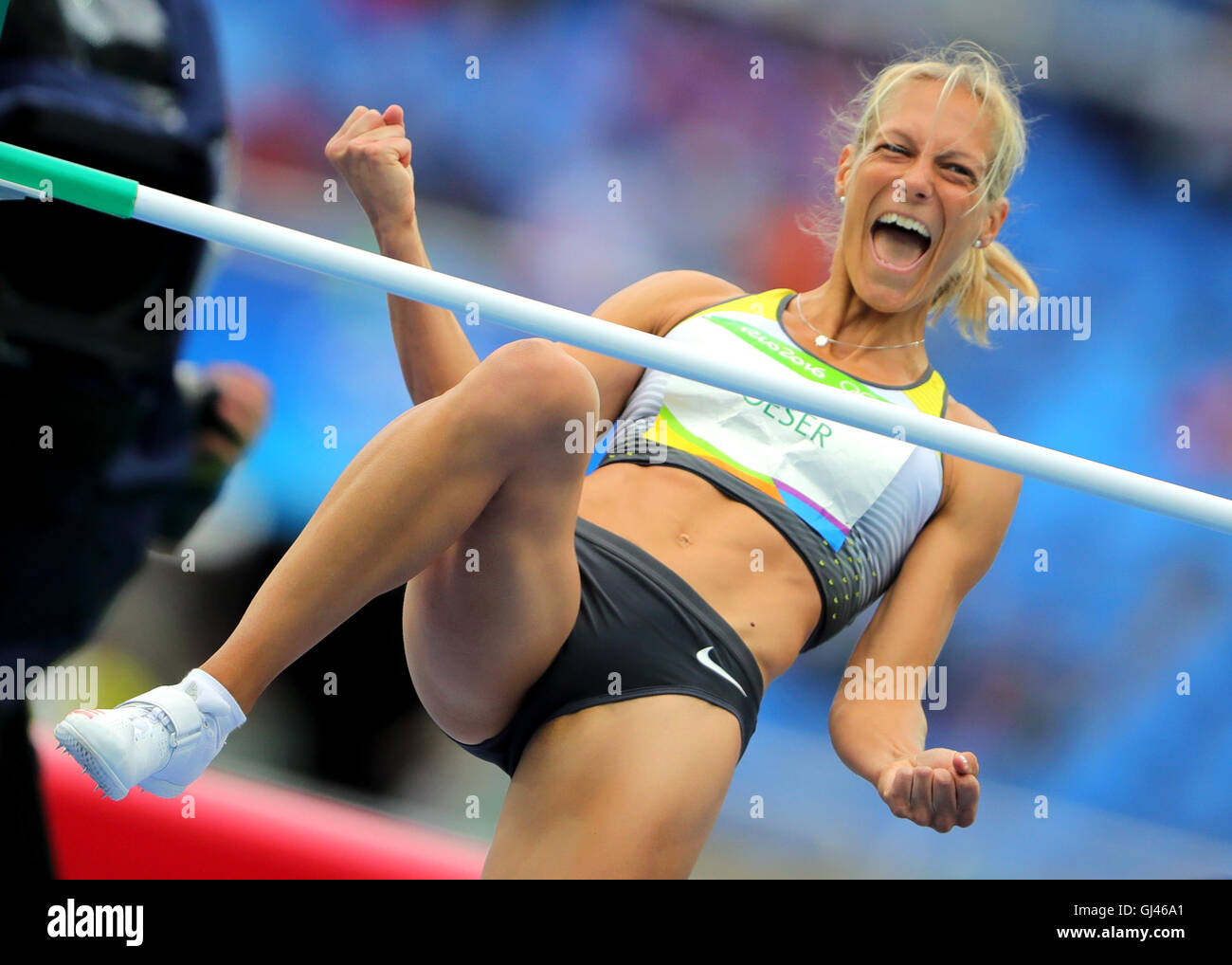 Rio de Janeiro, Brazil. 12th Aug, 2016. Jennifer Oeser of Germany competes in High Jump of Women's Heptathlon of the Athletic, Track and Field events during the Rio 2016 Olympic Games at Olympic Stadium in Rio de Janeiro, Brazil, 12 August 2016. Photo: Michael Kappeler/dpa/Alamy Live News Stock Photo