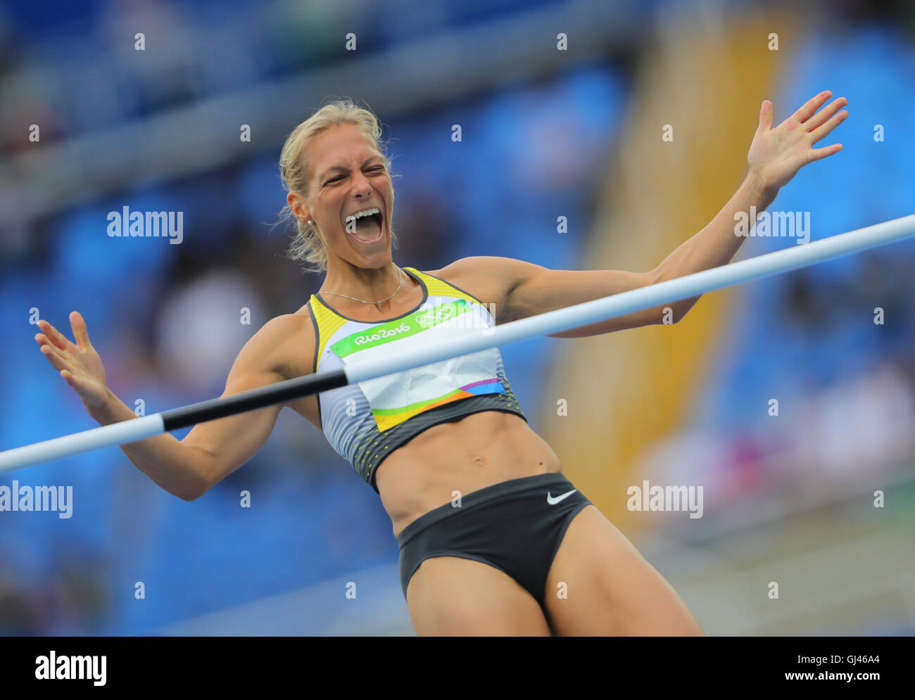 Rio de Janeiro, Brazil. 12th Aug, 2016. Jennifer Oeser of Germany competes in High Jump of Women's Heptathlon of the Athletic, Track and Field events during the Rio 2016 Olympic Games at Olympic Stadium in Rio de Janeiro, Brazil, 12 August 2016. Photo: Michael Kappeler/dpa/Alamy Live News Stock Photo