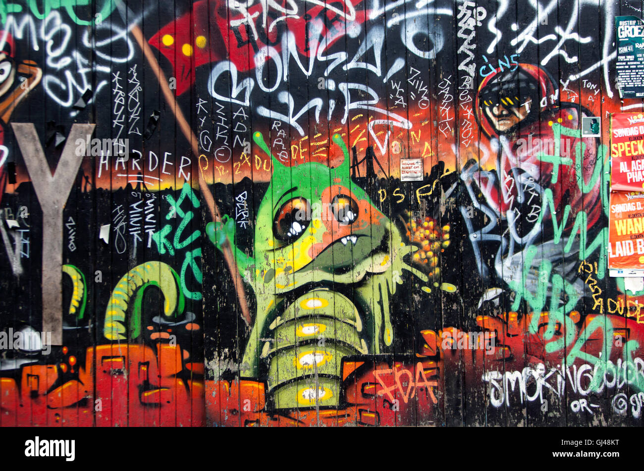 Copenhagen, Denmark. 12th August, 2016, Grafiti on the wall in freetown Christiania, where designer Niels Gundtoft Hansen's presentation of wear for young urban people took place during Copenhagen Fashion Week SS17. Credit:  OJPHOTOS/Alamy Live News Stock Photo