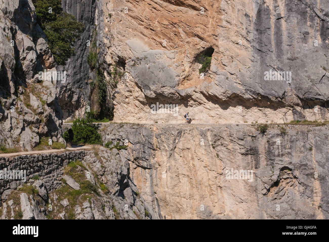 Hiking Cares Gorge in Picos de Europa,Asturias,Spain,Europe. Stock Photo