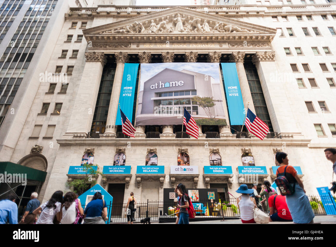 The facade of the New York Stock Exchange is decorated for the first day of trading for At Home's initial public offering on Thursday, August 4, 2016. The home decorating retailer is