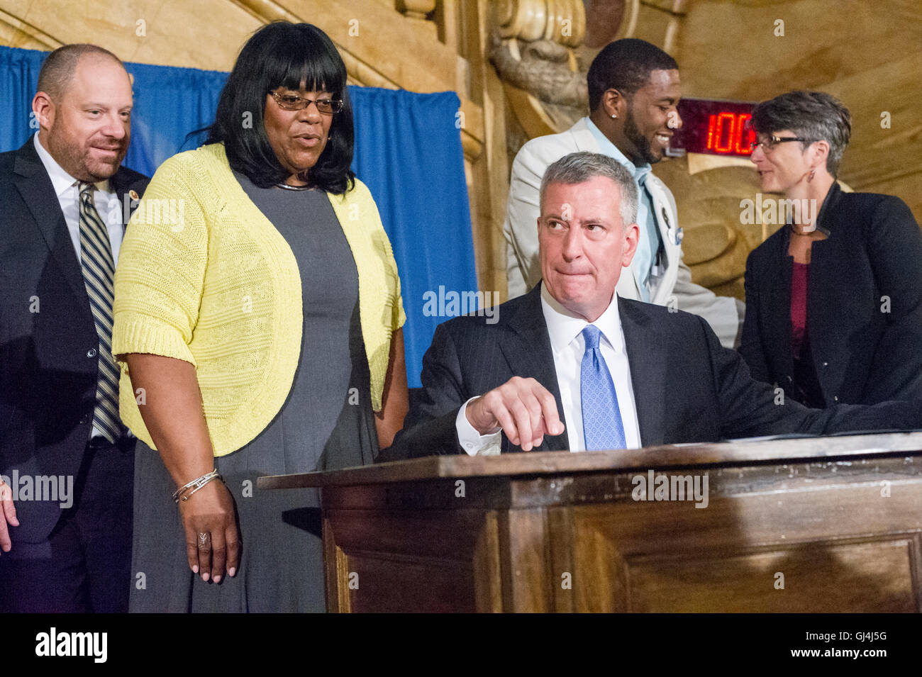 New York Mayor Bill de Blasio, at a bill signing related to NYPD reporting procedures on Wednesday, August 3, 2016 in New York. (© Frances M. Roberts) Stock Photo