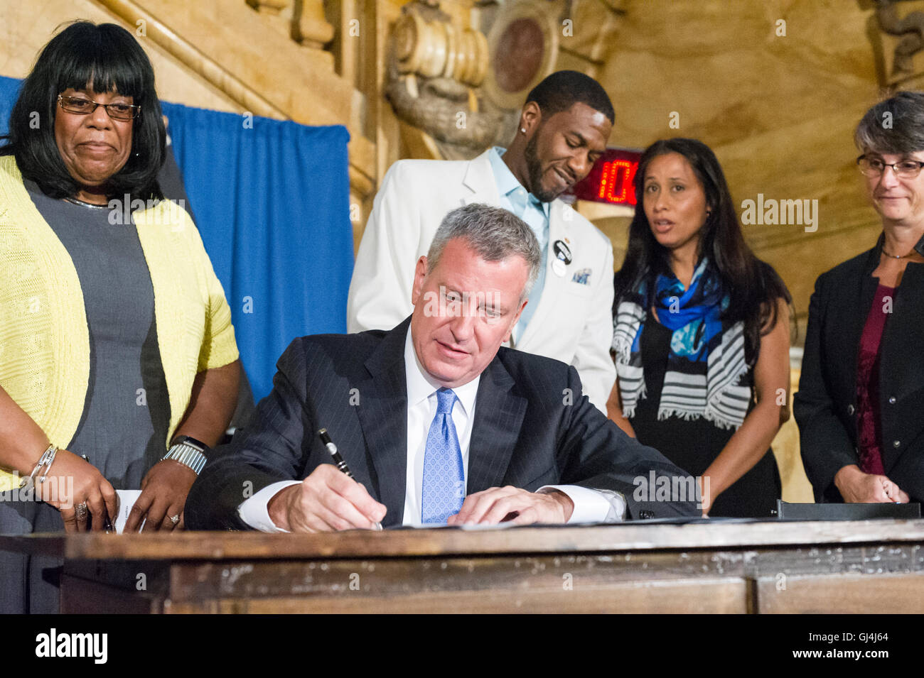 New York Mayor Bill de Blasio, at a bill signing related to NYPD reporting procedures on Wednesday, August 3, 2016 in New York. (© Frances M. Roberts) Stock Photo