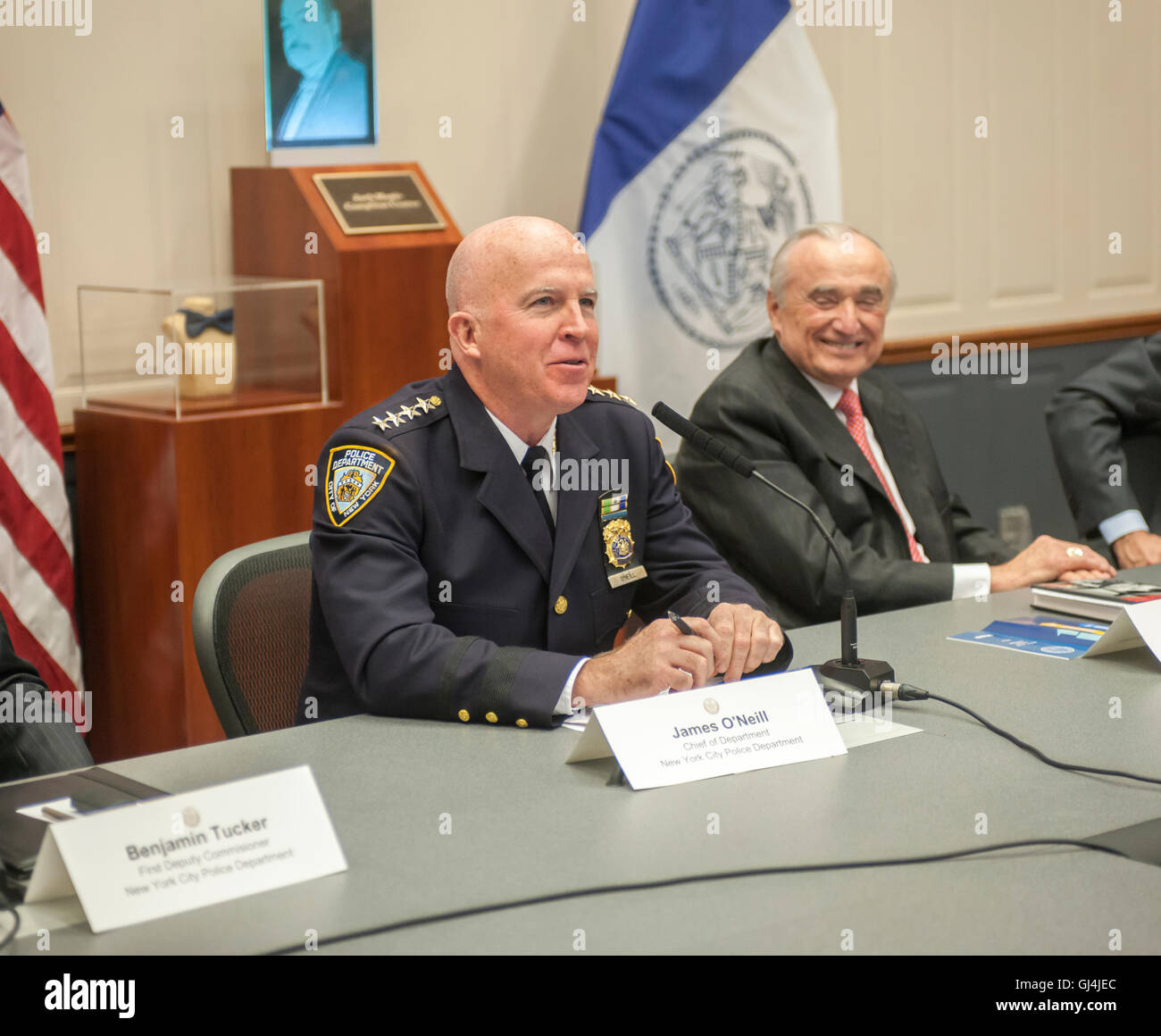 NYPD Commissioner William Bratton, right, and Chief of Department Jimmy O'Neill report to the press in the Jack Maples Compstat Room at One Police Plaza in New York on Thursday, August 4, 2016. The officials answered police related questions from the press as well as briefing the media on the ongoing decrease in violent crime in the city. O'Neill is to take over as commissioner in September when Bratton leaves. (© Richard B. Levine) Stock Photo