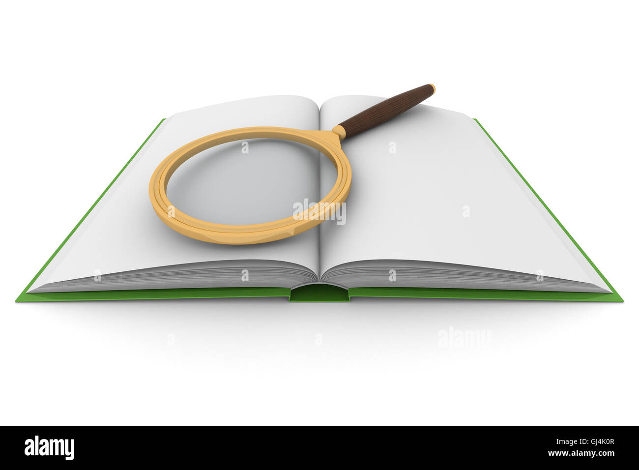 open book and magnifying glass on white background. Isolated 3D image ...